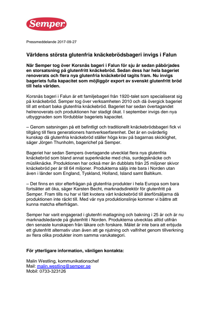 Världens största glutenfria knäckebrödsbageri invigs i Falun