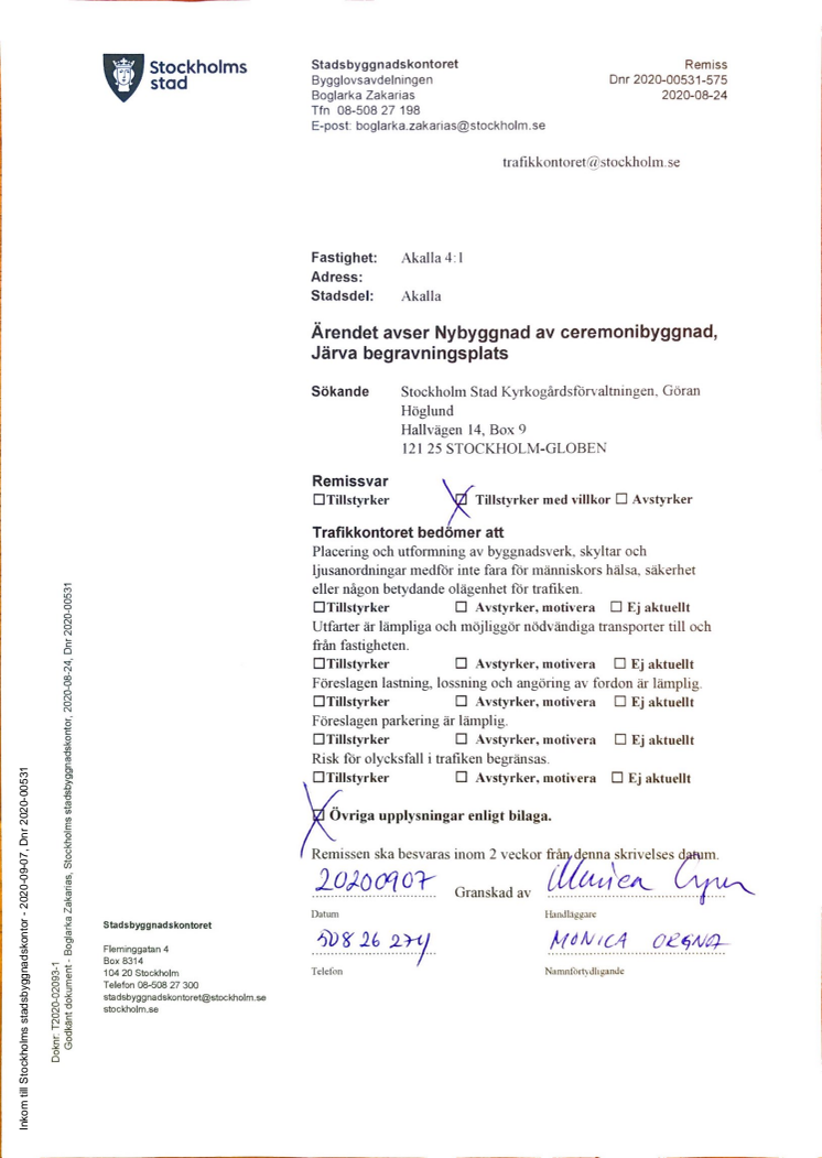 Bygglov för ceremonibyggnad -Trafikkontorets yttrande - sep 2020