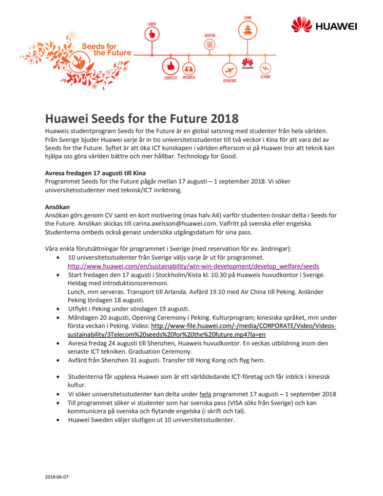 Huawei Studentresa 2 veckor till Kina i augusti 2018 - Seeds for the Future 2018