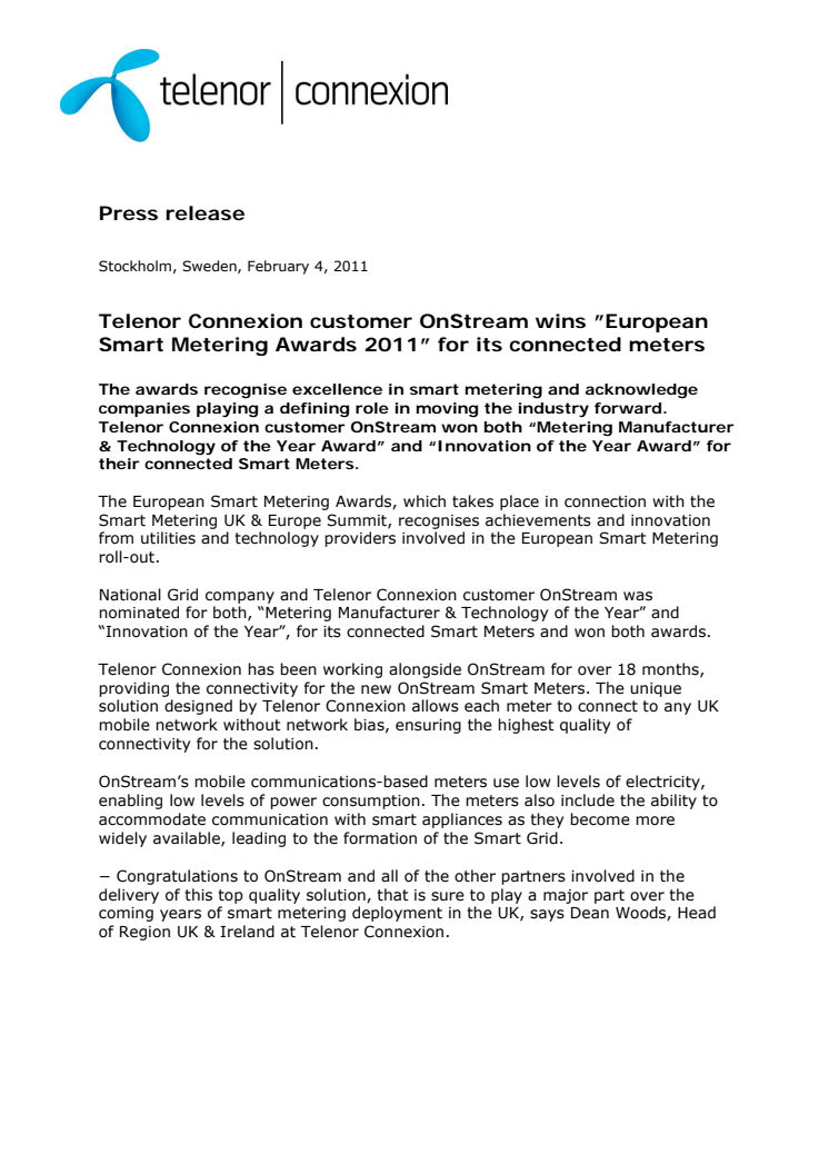 Telenor Connexion customer OnStream wins ”European Smart Metering Awards 2011” for its connected meters
