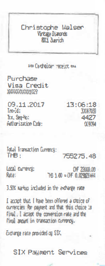 Receipt for jewellery purchases