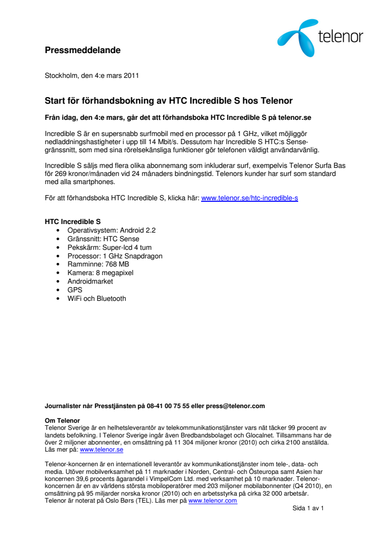 Start för förhandsbokning av HTC Incredible S hos Telenor