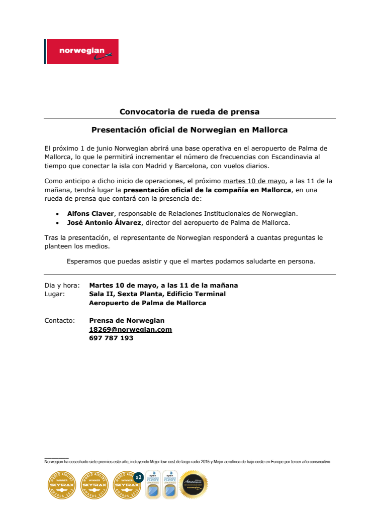 Descarga convocatoria: aeropuerto de Palma de Mallorca (martes 10 de mayo, 11 de la mañana).