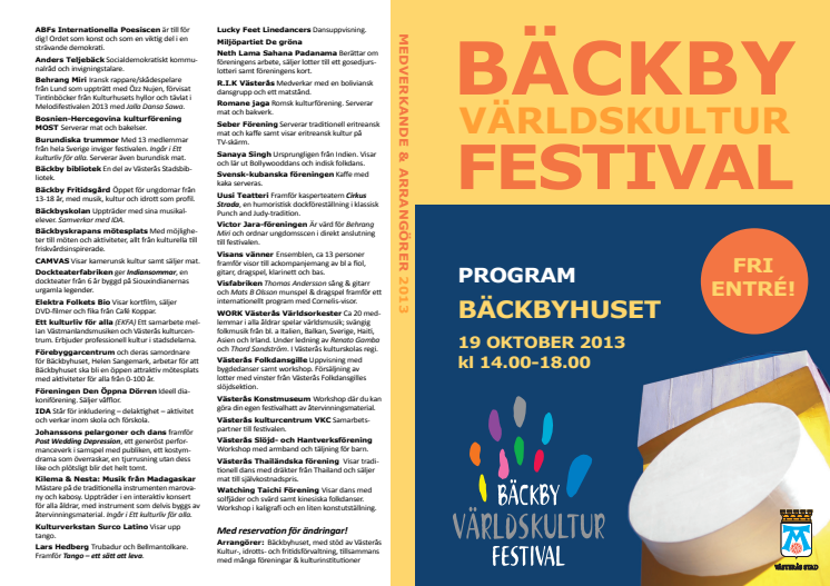 Program för Bäckby världskulturfestival 19 oktober 2013