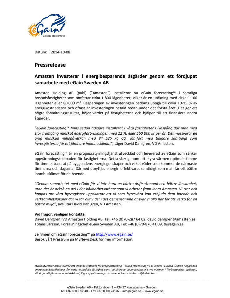 Amasten investerar i energibesparande åtgärder genom ett fördjupat samarbete med eGain Sweden AB