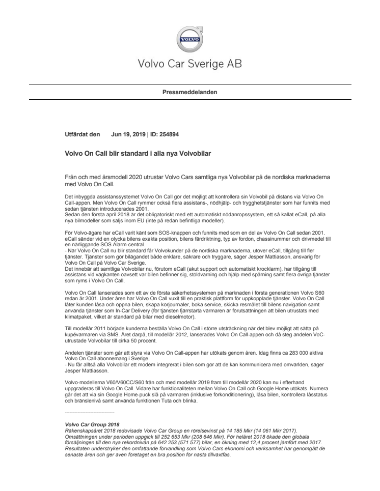 Volvo On Call blir standard i alla nya Volvobilar