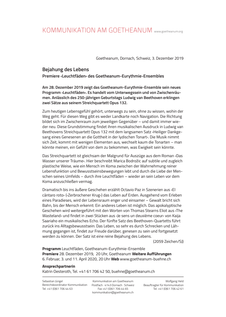 Bejahung des Lebens. ​Premiere ‹Leuchtfäden› des Goetheanum-Eurythmie-Ensembles