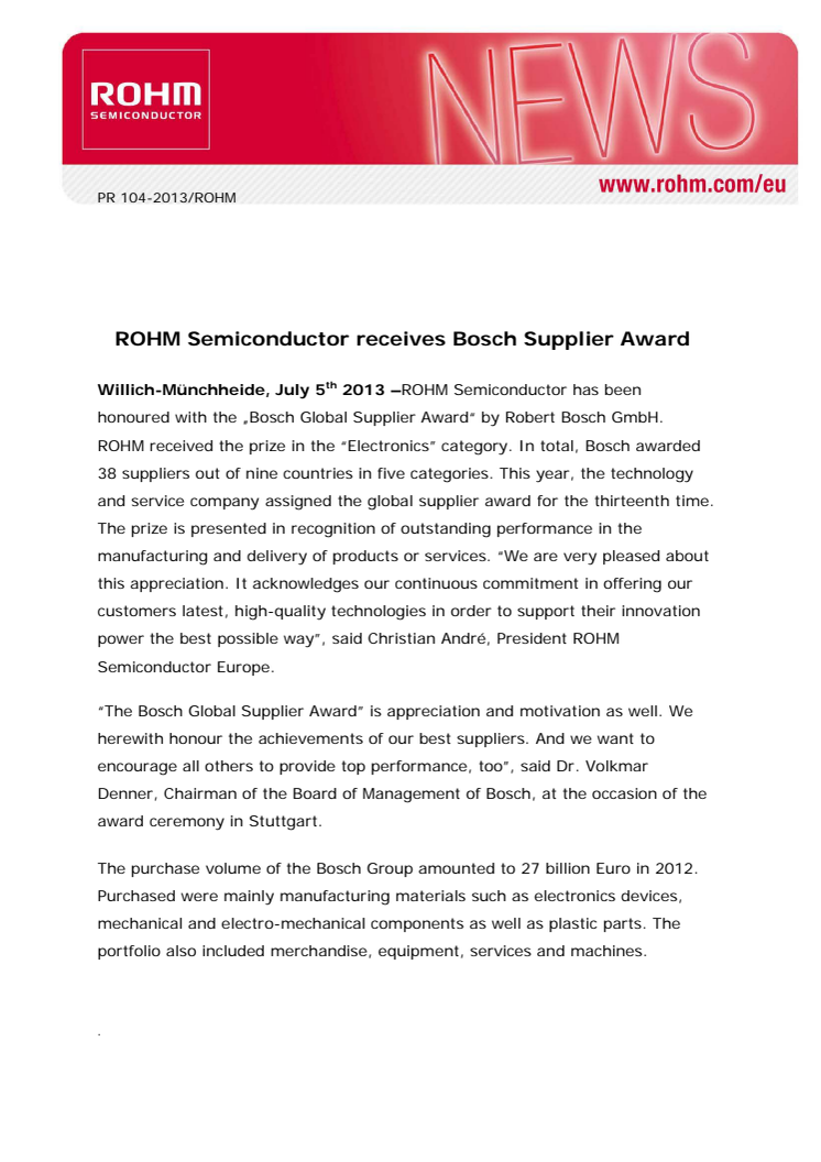 ROHM Semiconductor receives Bosch Supplier Award
