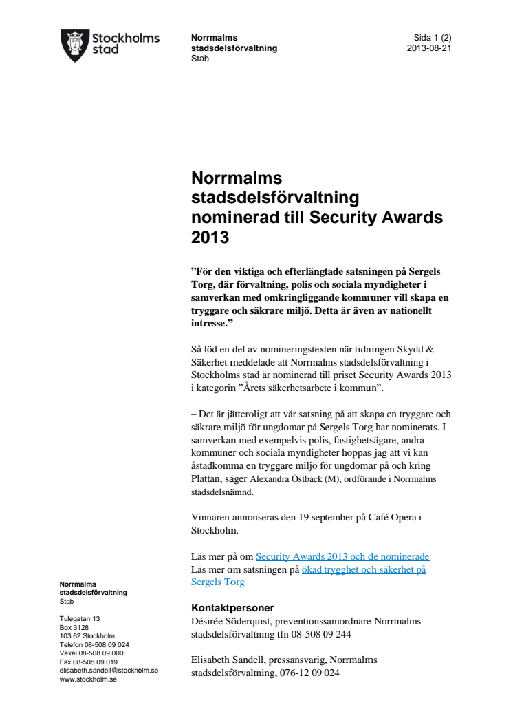 Norrmalms stadsdelsförvaltning nominerad till Security Awards 2013