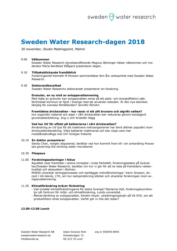 Program Sweden Water Research-dagen 30 november 2018
