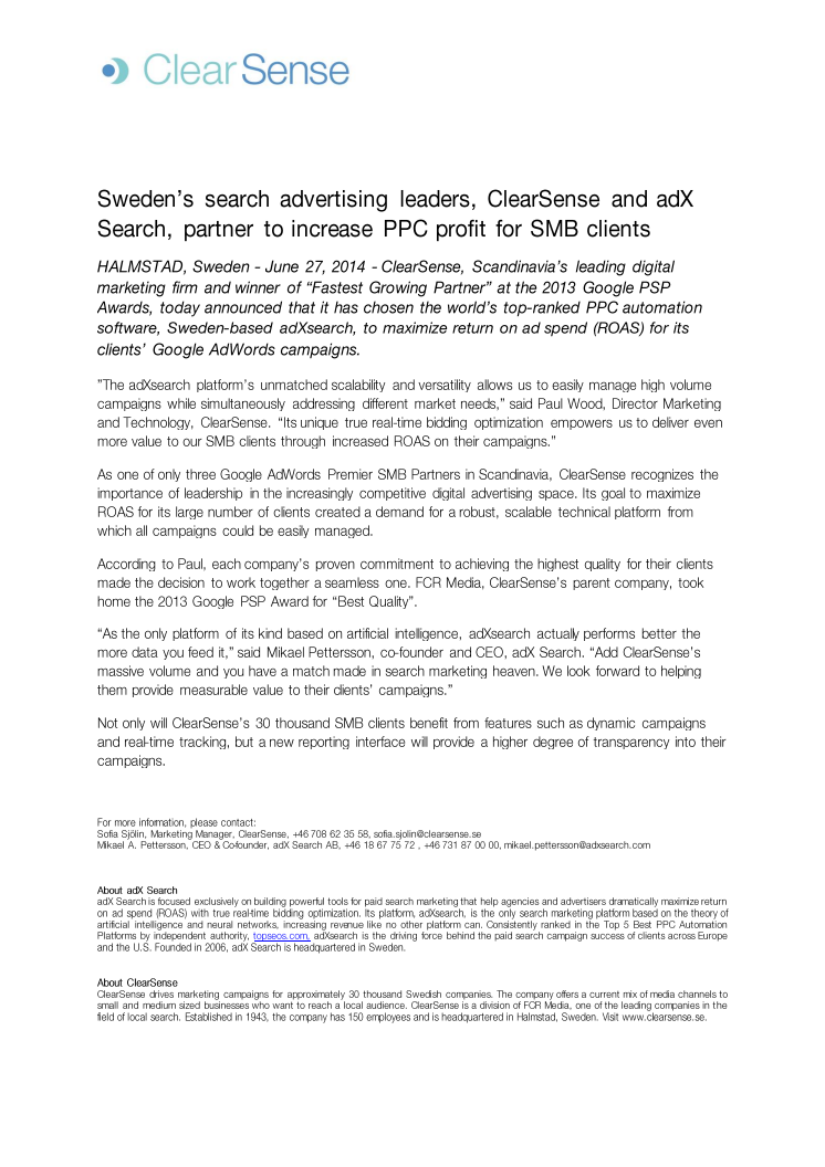 Sweden’s search advertising leaders, ClearSense and adX Search, partner to increase PPC profit for SMB clients 