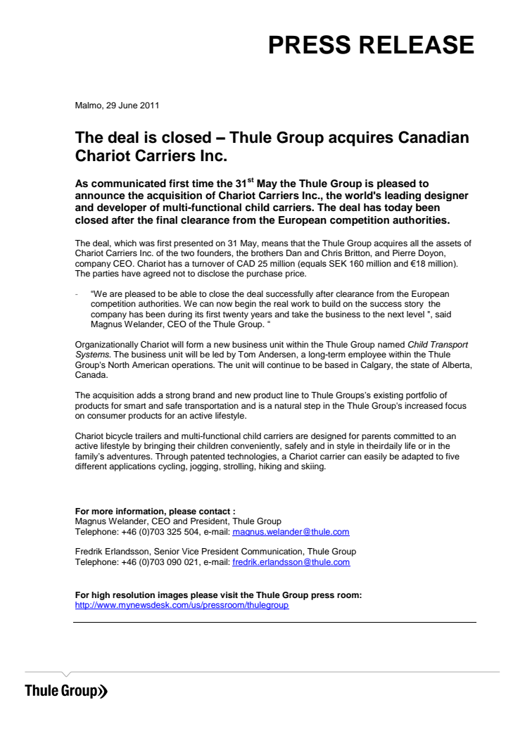 The deal is closed – Thule Group acquires Canadian Chariot Carriers Inc.