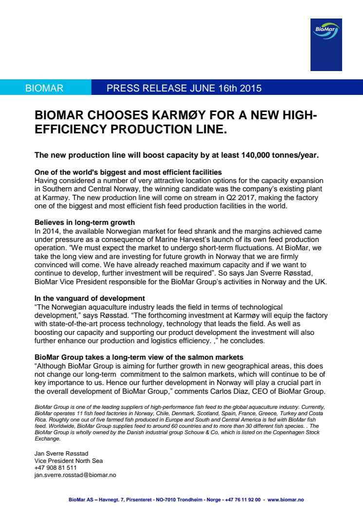 BioMar Chooses Karmøy