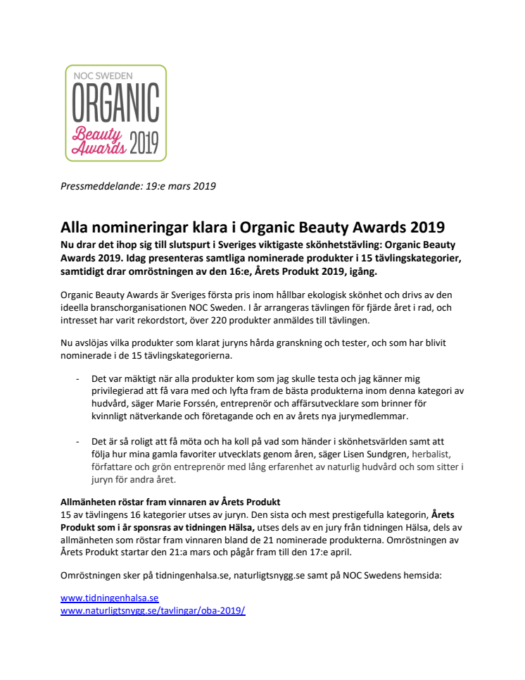Alla nomineringar klara i Organic Beauty Awards 2019