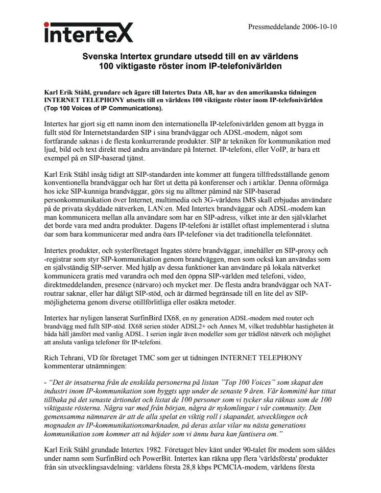 Svenska Intertex grundare utsedd till en av världens 100 viktigaste röster inom IP-telefonivärlden