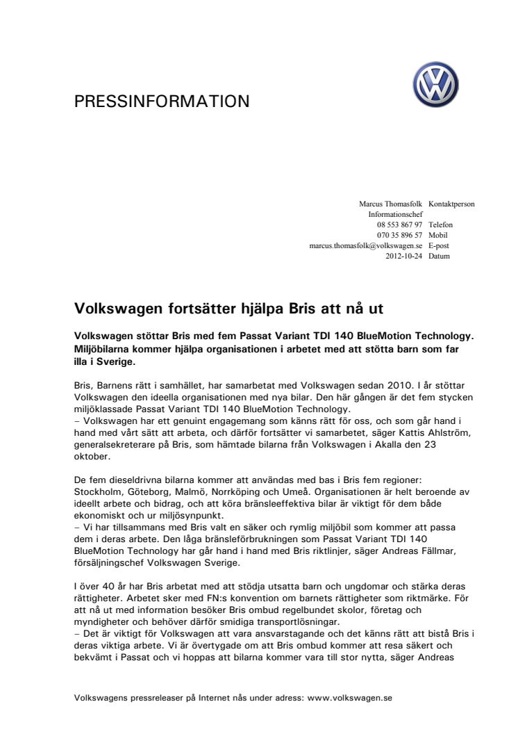 Volkswagen fortsätter hjälpa Bris att nå ut