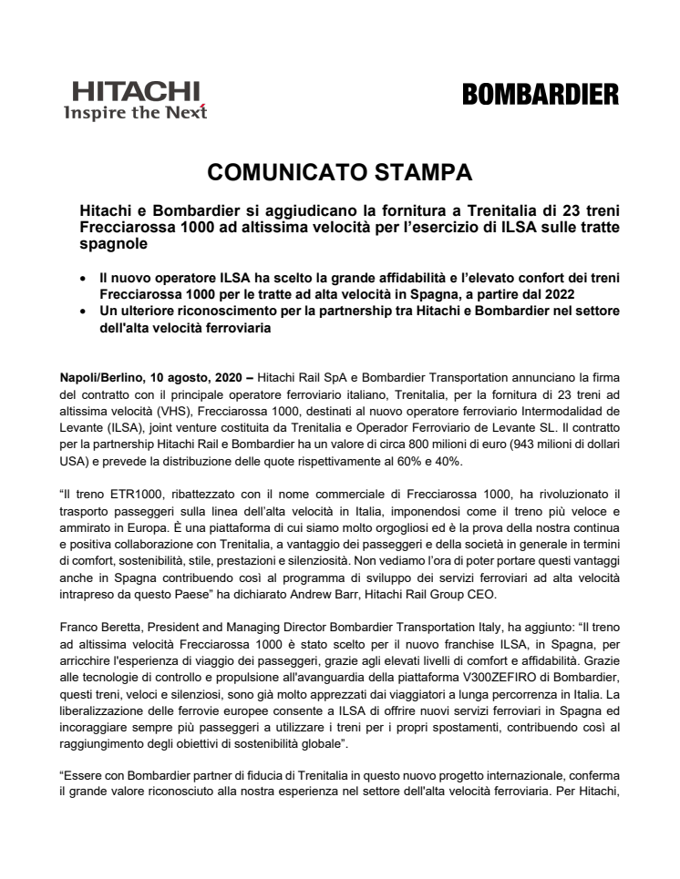 Hitachi e Bombardier si aggiudicano la fornitura a Trenitalia di 23 treni Frecciarossa 1000 ad altissima velocità per l’esercizio di ILSA sulle tratte spagnole  