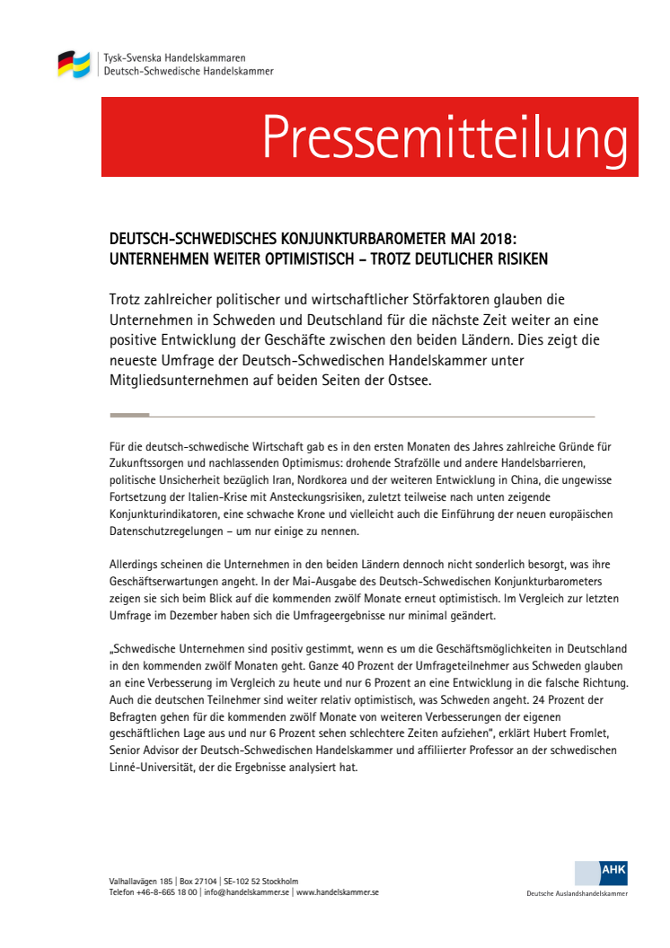 Deutsch-Schwedisches Konjunkturbarometer Mai 2018: Unternehmen weiter optimistisch – trotz deutlicher Risiken 