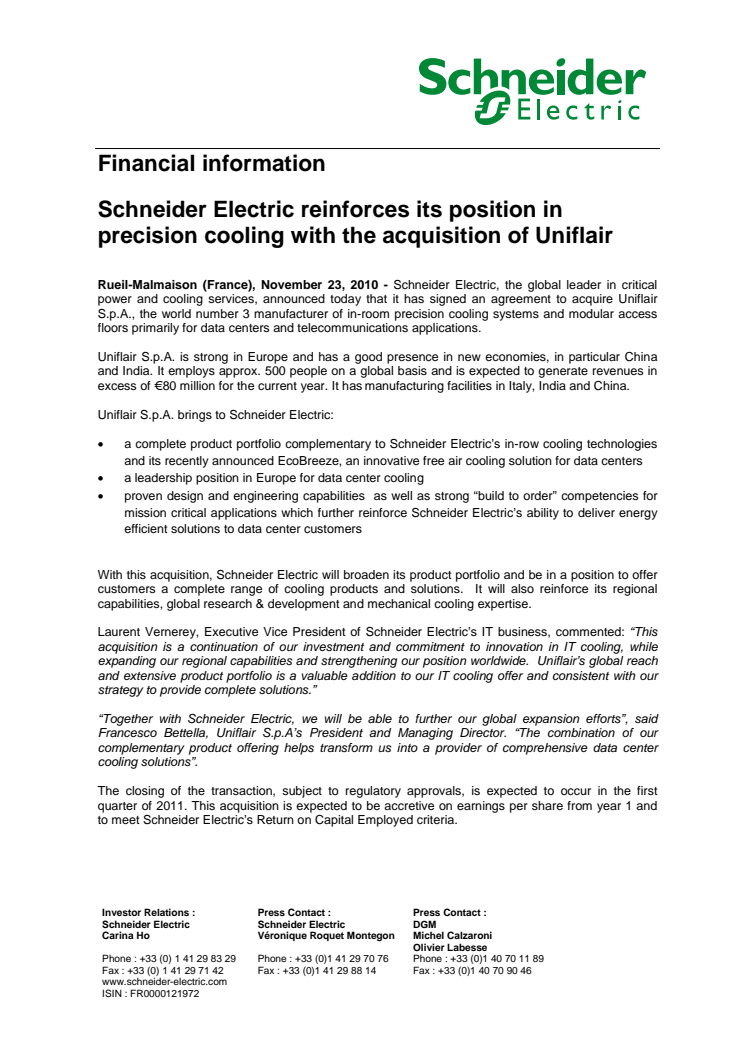 Schneider Electric förvärvar Uniflair