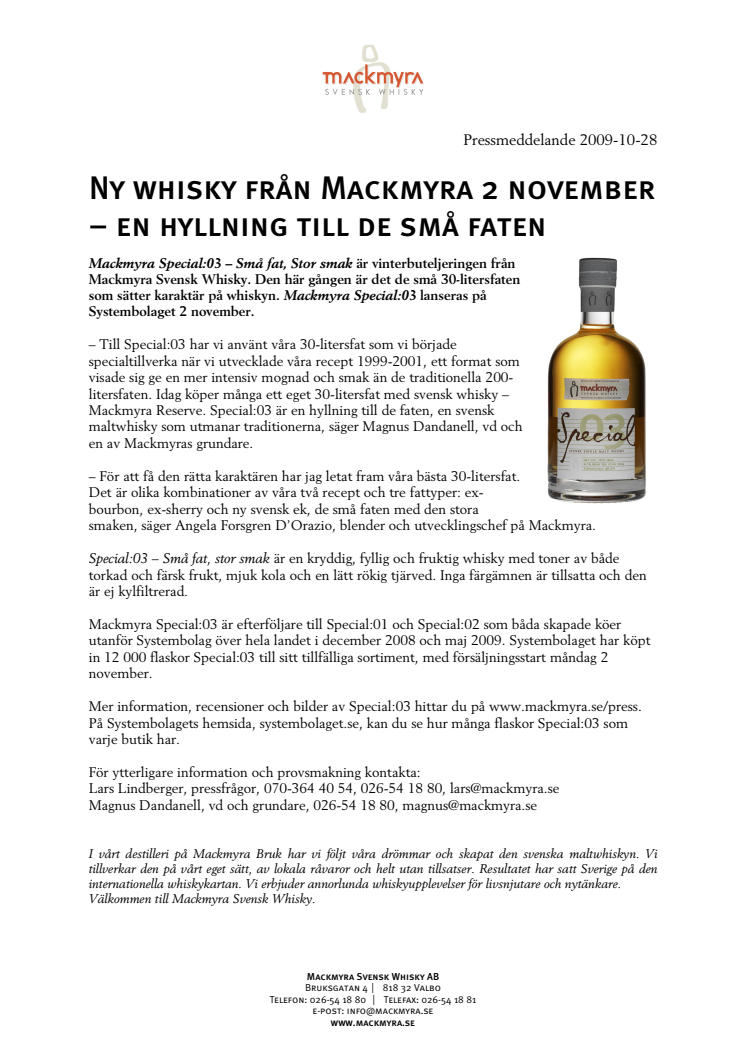 Ny whisky från Mackmyra 2 november – en hyllning till de små faten