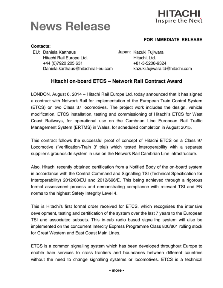 Hitachi on-board ETCS – Network Rail Contract Award