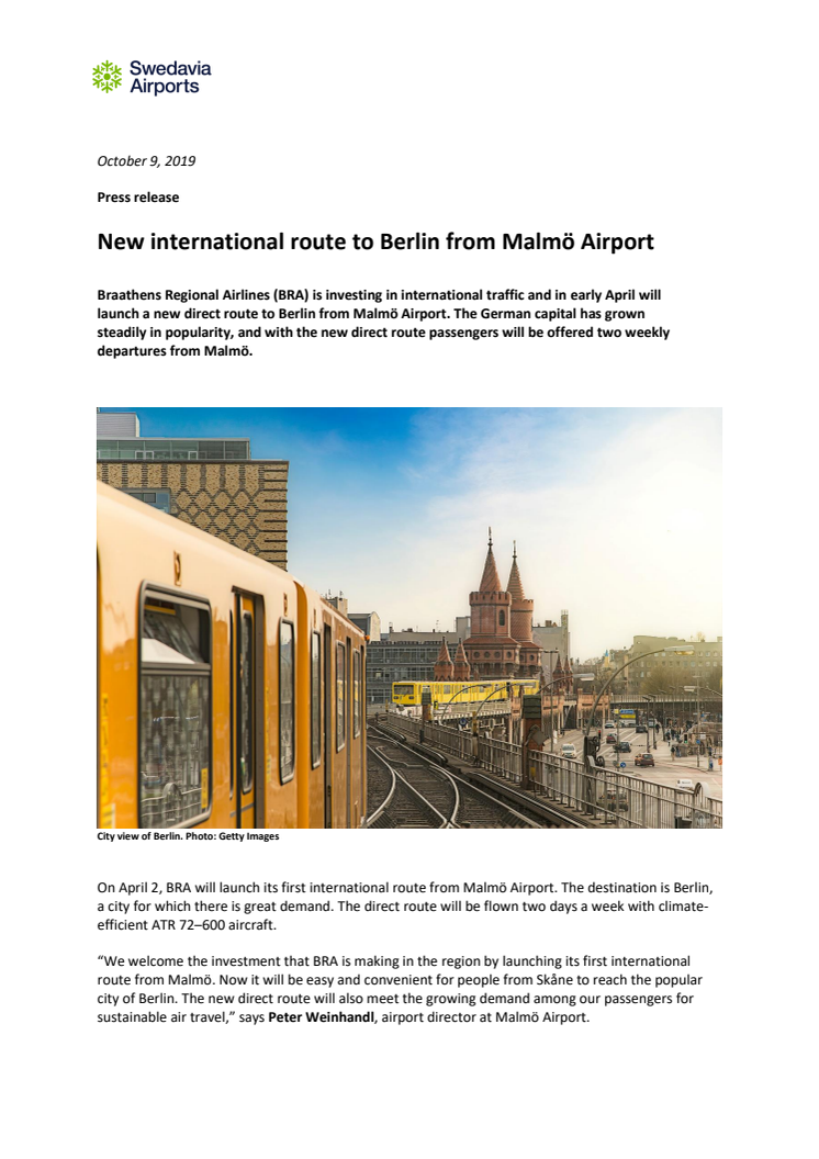 New international route to Berlin from Malmö Airport 