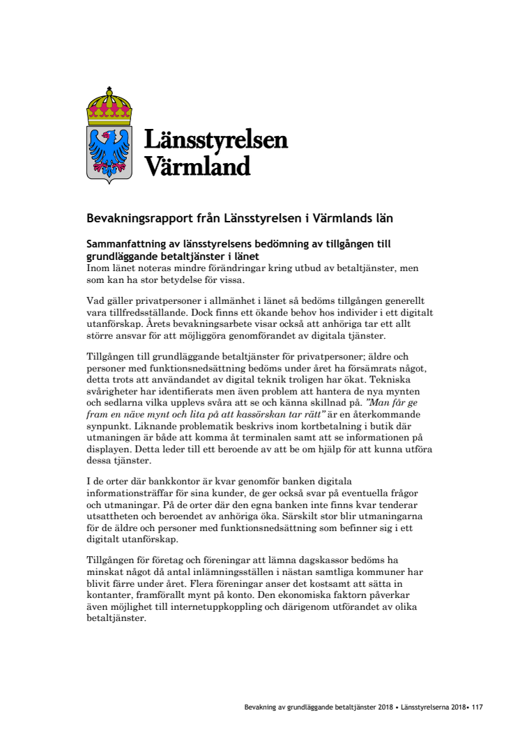 Bevakningsrapport av grundläggande betaltjänster 2018 Länsstyrelsen Värmland