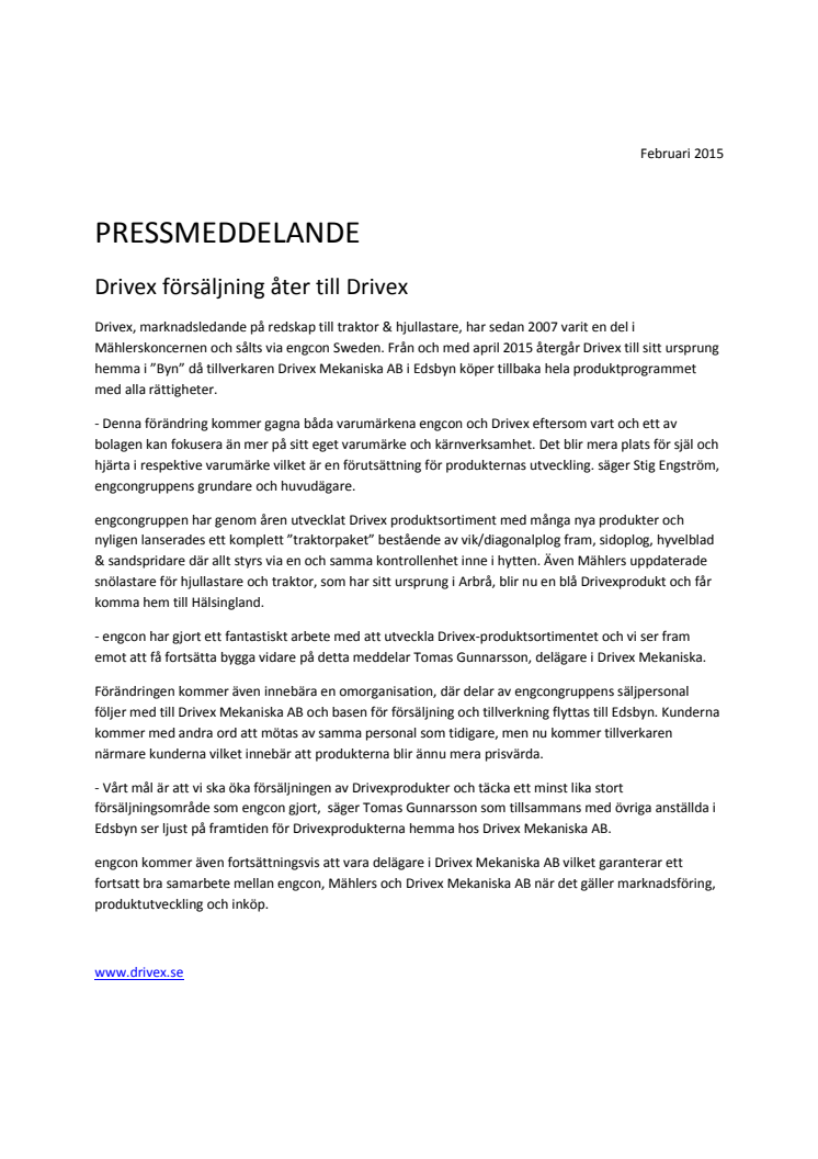 Drivex försäljning åter till Drivex