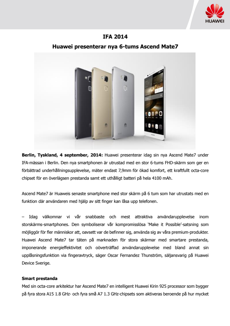 IFA 2014: Huawei presenterar nya 6-tums Ascend Mate7