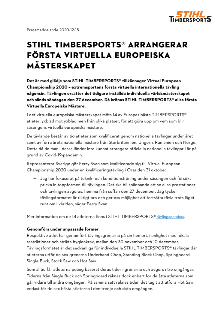 STIHL TIMBERSPORTS® arrangerar första virtuella europeiska mästerskapet