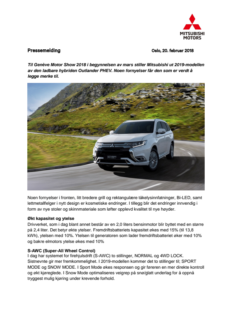 2019-modell Outlander PHEV vises i Genève