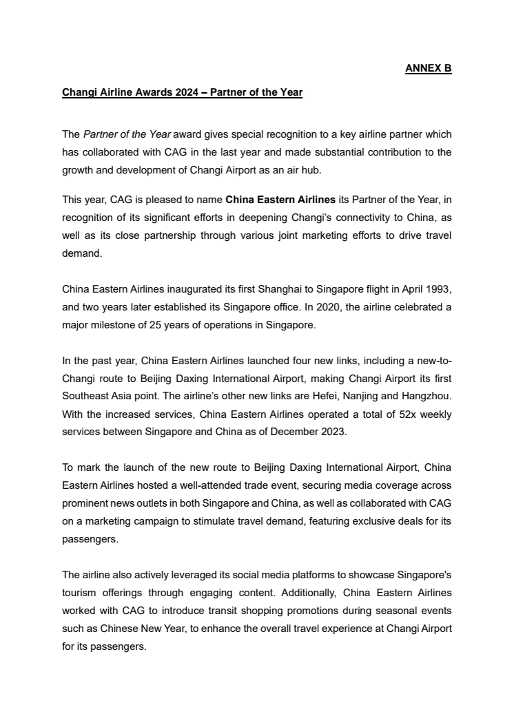 Annex B - Changi Airline Awards 2024 – Partner of the Year