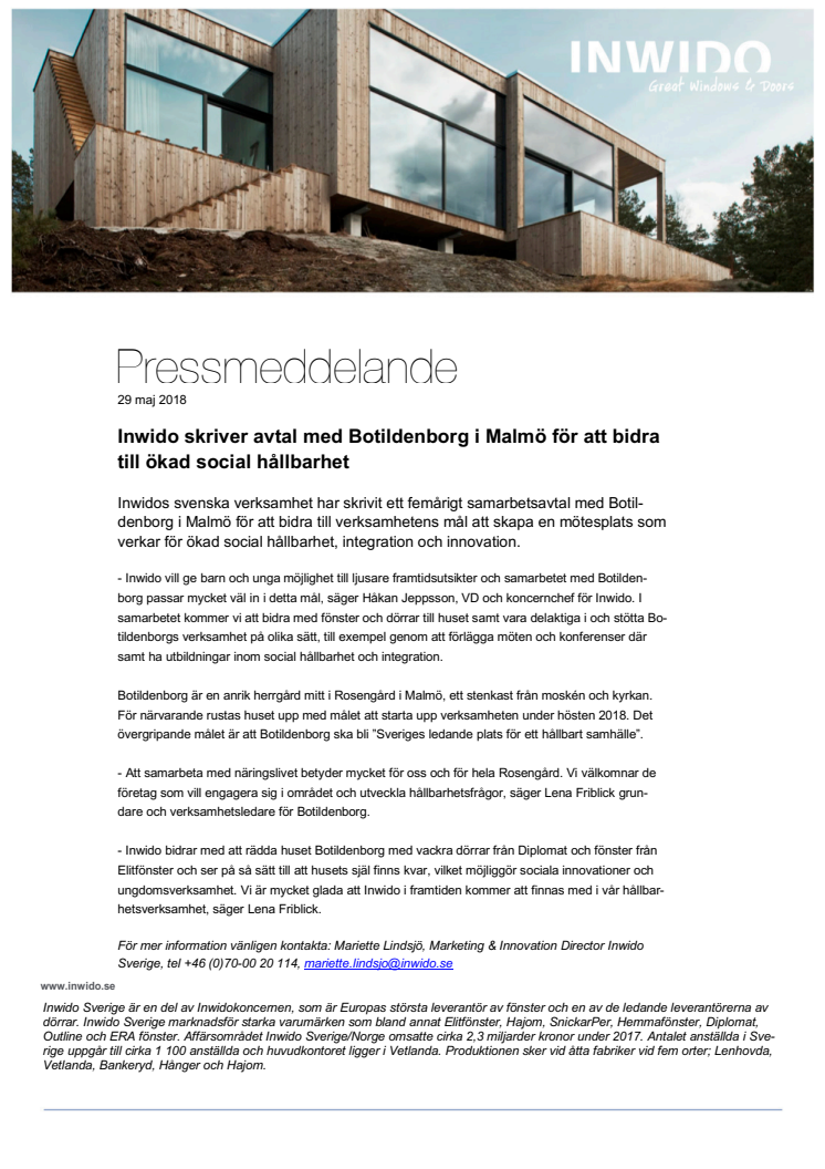 Inwido skriver avtal med Botildenborg i Malmö för att bidra till ökad social hållbarhet