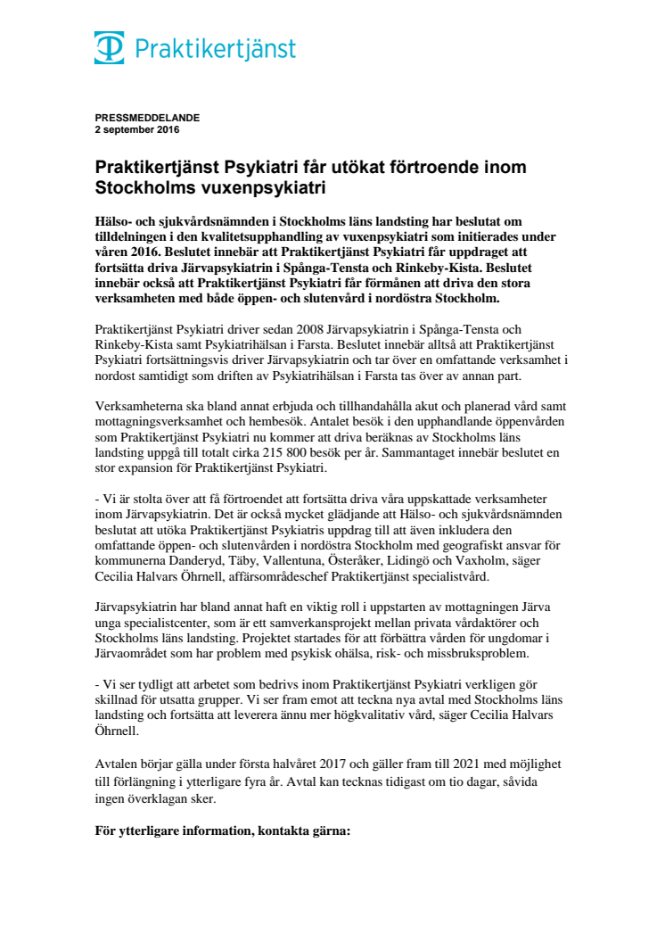 Praktikertjänst Psykiatri får utökat förtroende inom Stockholms vuxenpsykiatri