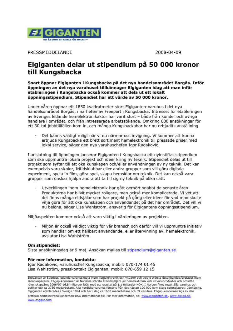 Elgiganten delar ut stipendium på 50 000 kronor till Kungsbacka