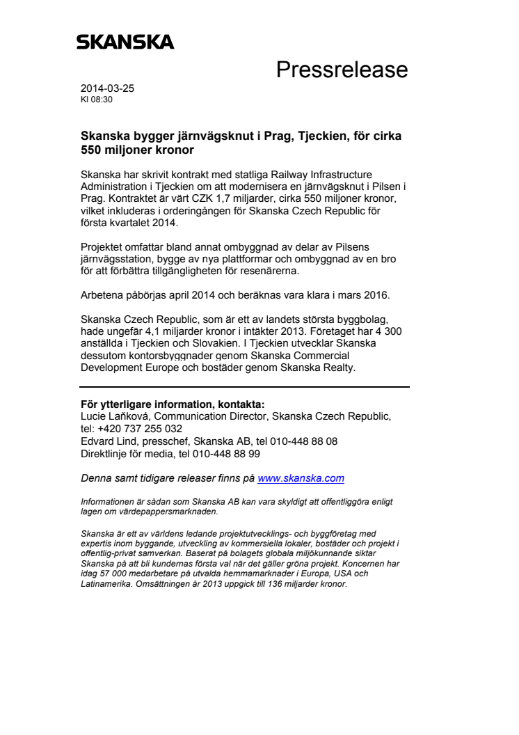 Skanska bygger järnvägsknut i Prag, Tjeckien, för cirka 550 miljoner kronor