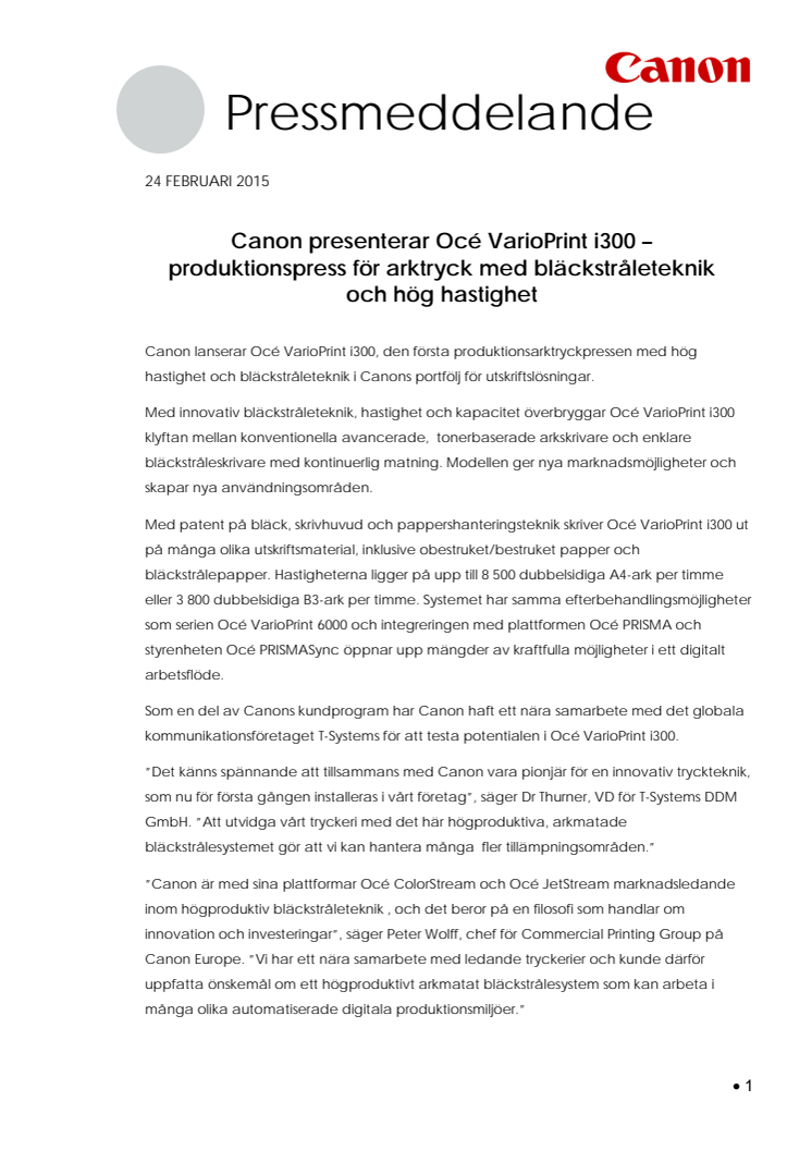 Canon presenterar Océ VarioPrint i300 – produktionspress för arktryck med bläckstråleteknik och hög hastighet 