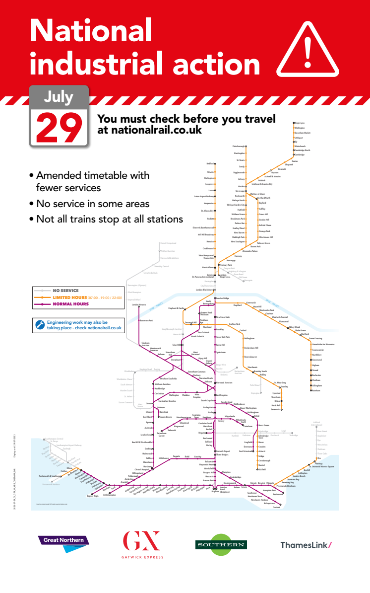 GTR service map for 29 July
