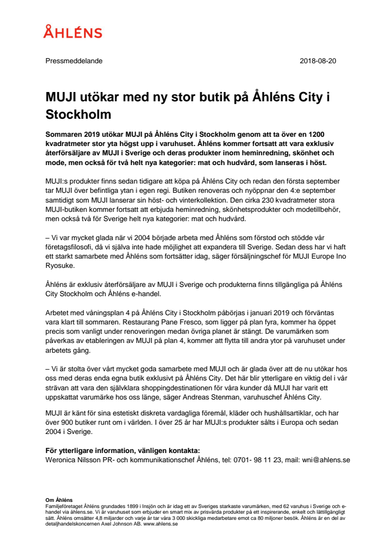 MUJI utökar med ny stor butik på Åhléns City i Stockholm