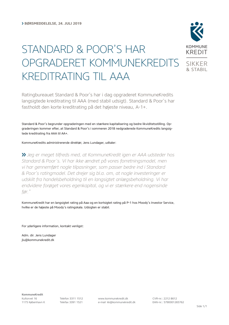 Standard & Poor's har opgraderet KommuneKredits kreditrating til AAA