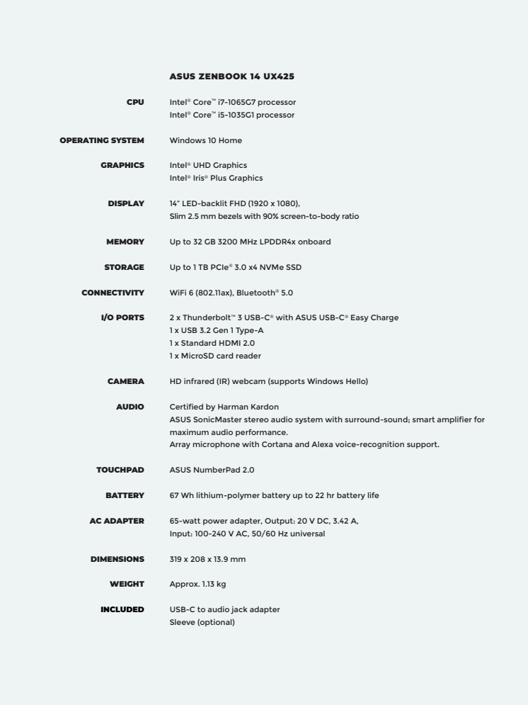 ZenBook 14 (UX425) (Intel) Technical specification