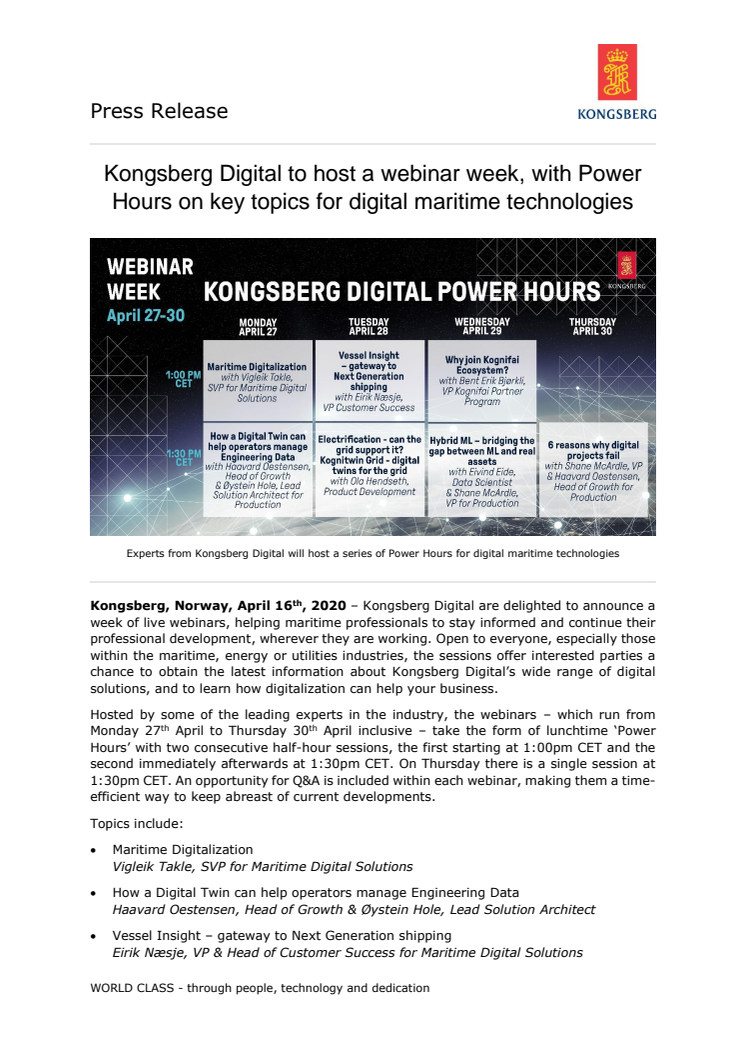 Kongsberg Digital to host a webinar week, with Power Hours on key topics for digital maritime technologies