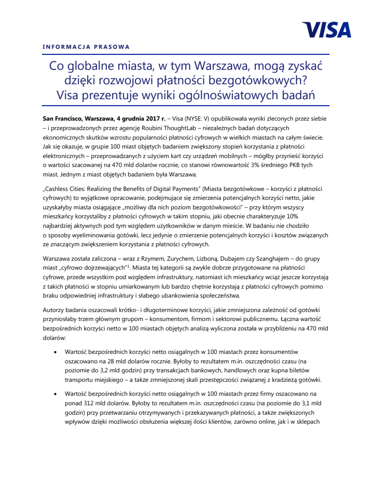 Co globalne miasta, w tym Warszawa, mogą zyskać dzięki rozwojowi płatności bezgotówkowych? Visa prezentuje wyniki ogólnoświatowych badań