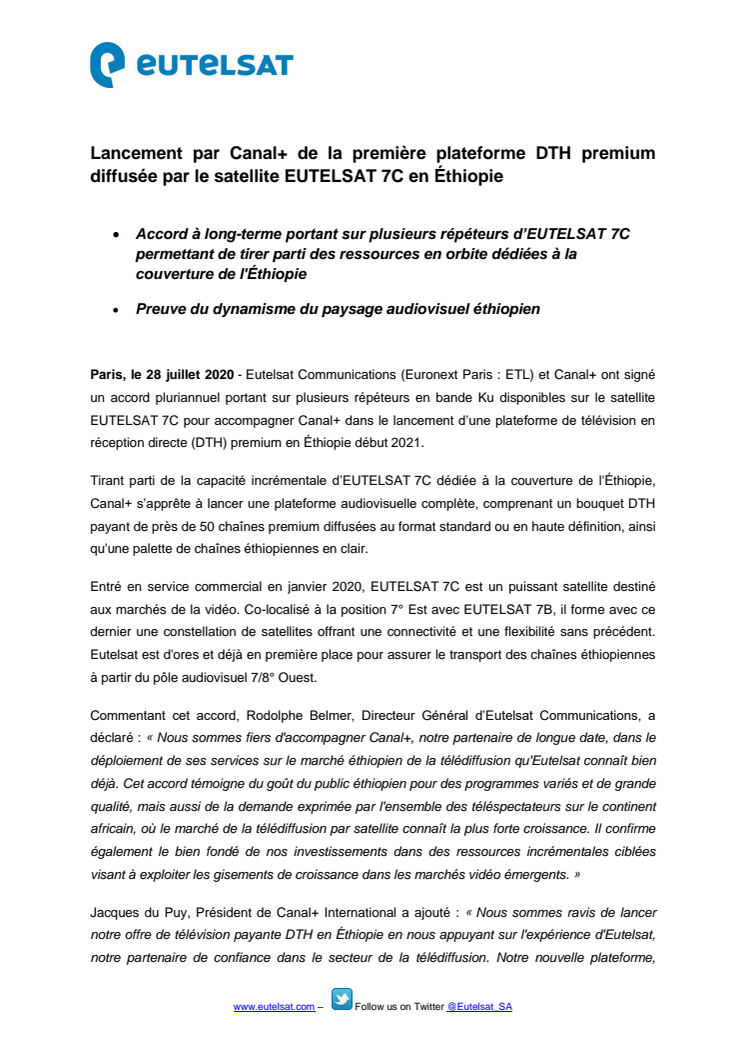 Lancement par Canal+ de la première plateforme DTH premium diffusée par le satellite EUTELSAT 7C en Éthiopie 