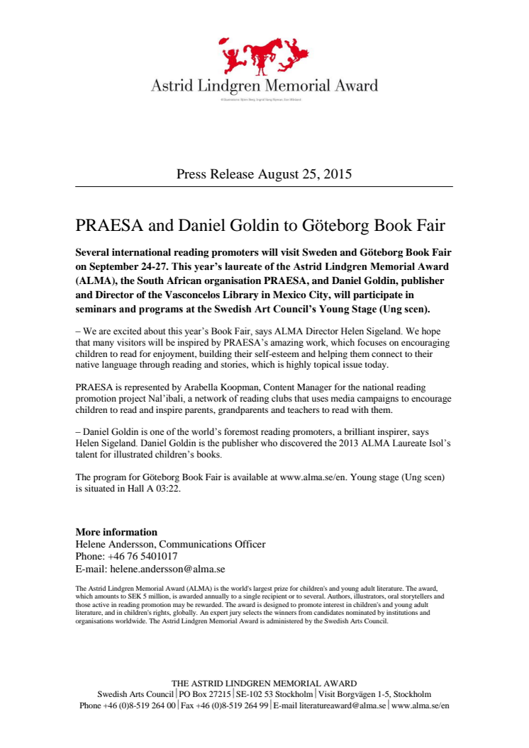 PRAESA and Daniel Goldin to Göteborg Book Fair