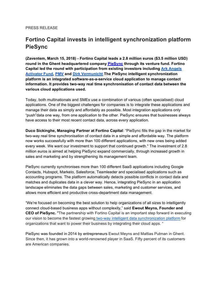   Fortino Capital invests in intelligent synchronization platform PieSync 