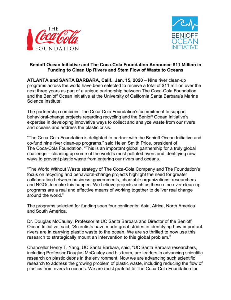 ​Coca-Cola Säätiö ja Benioff Ocean Initiative käynnistävät jokien puhdistusprojektin yhdeksässä maassa