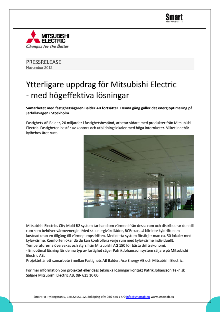Ytterligare uppdrag för Mitsubishi Electric - med högeffektiva lösningar