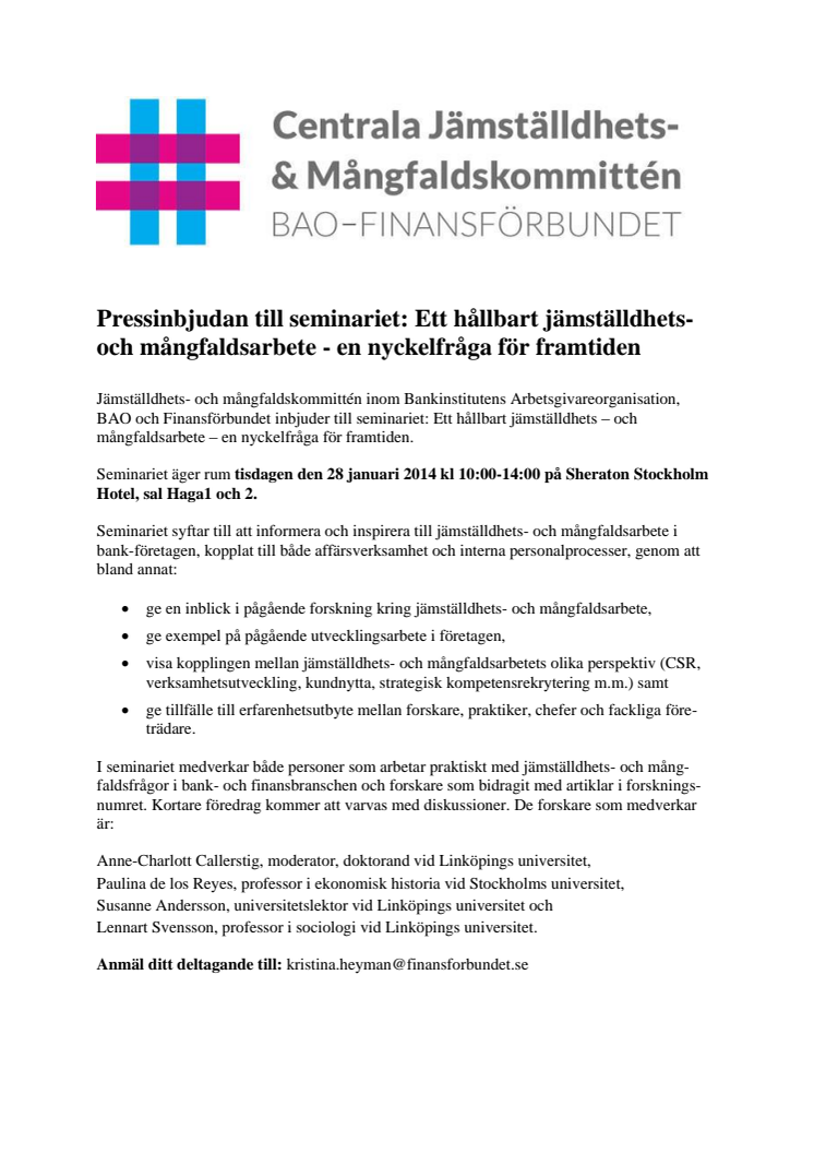 Pressinbjudan till seminariet: Ett hållbart jämställdhets- och mångfaldsarbete - en nyckelfråga för framtiden