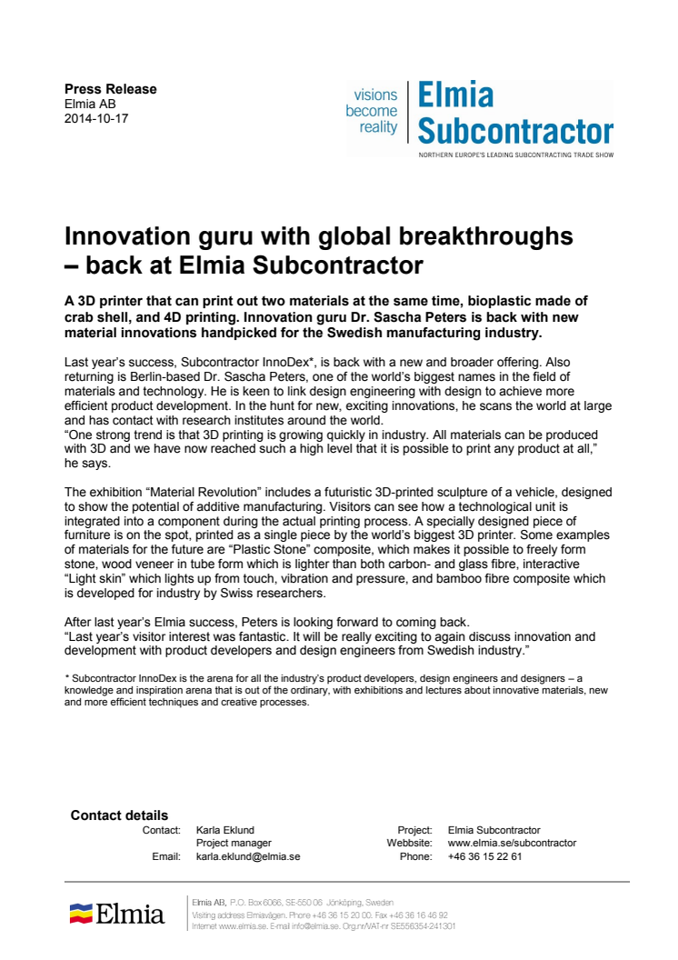Innovation guru with global breakthroughs – back at Elmia Subcontractor